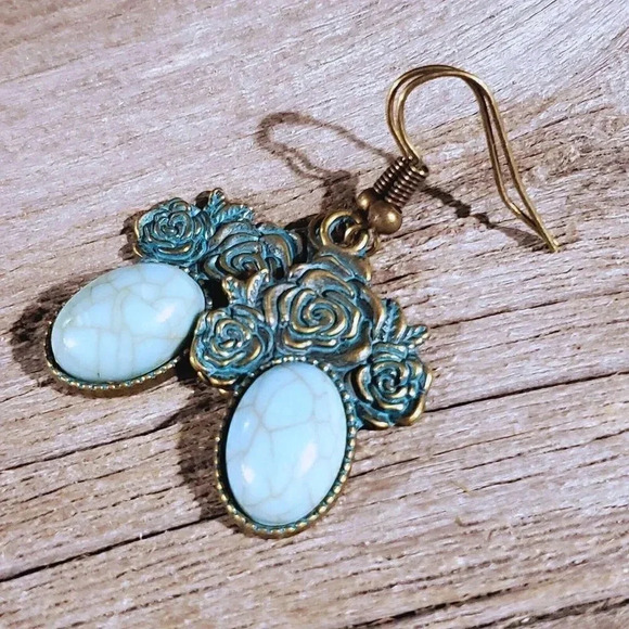 Bronze Rose Flowers Turquoise Blue Stone Dangle Earrings - Picture 5 of 8